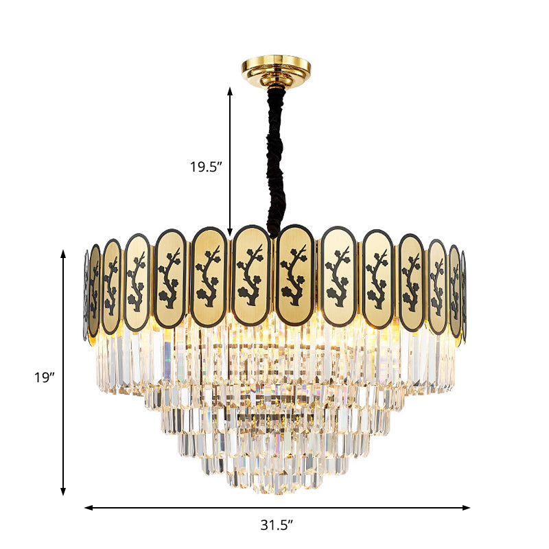 Modern Round Chandelier With Flower Pattern Crystal And Metal Hanging Light For Bedroom - Brass