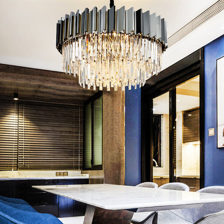 Tiered Vintage Stainless Steel Chandelier With Crystal Block - Silver Pendant Light For Living Room
