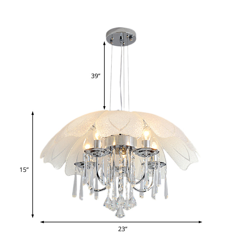 Hanging Chandelier Light W/ 5 Bulbs - Modern Glass Ceiling Fixture Chrome Frame & K9 Crystal