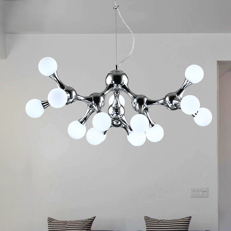 Contemporary Starburst Metal Chandelier With White Glass Shade - Chrome Finish