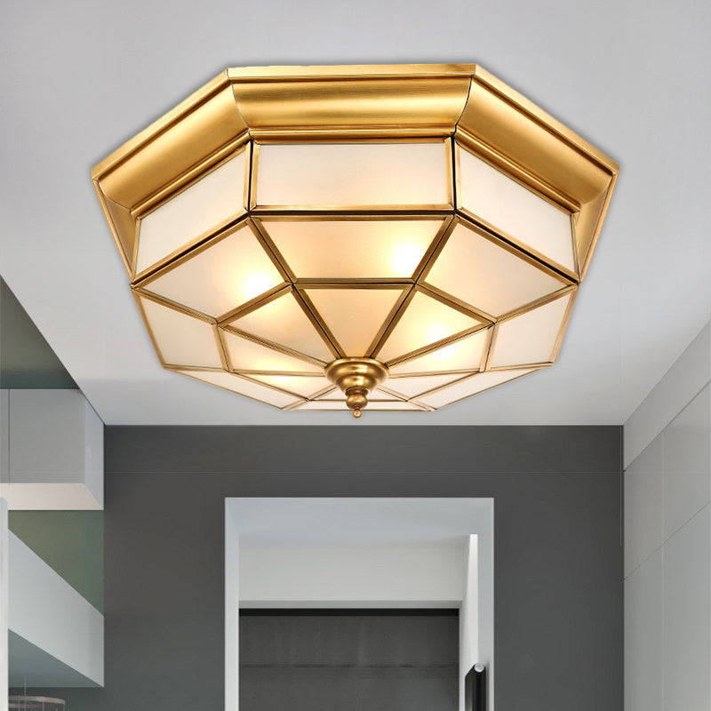 Antiqued Brass Octagon Flush Mount Ceiling Light With Milky Glass - 17 / 25.5 Width 4/6 Head Hallway