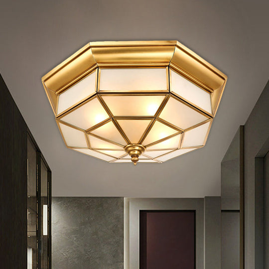 Antiqued Brass Octagon Flush Mount Ceiling Light With Milky Glass - 17’ / 25.5’ Width 4/6 Head
