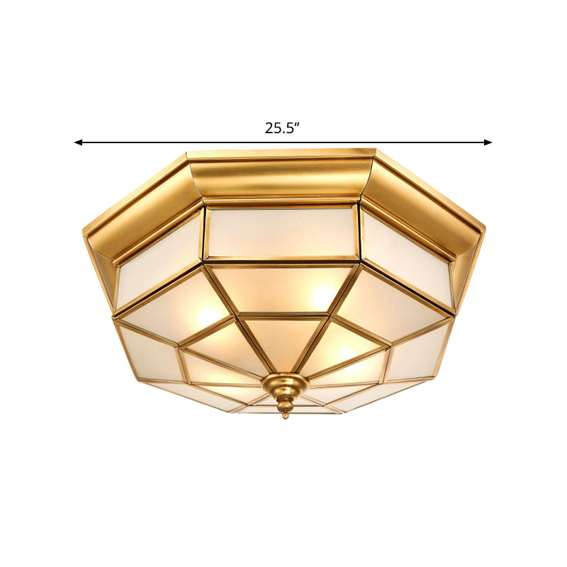 Antiqued Brass Octagon Flush Mount Ceiling Light With Milky Glass - 17’ / 25.5’ Width 4/6 Head