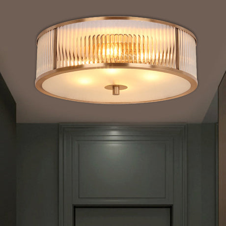 Antiqued Opaline Glass 3-Head Brass Flush Mount Light With Fluted Drum Design For Bedrooms Ceiling