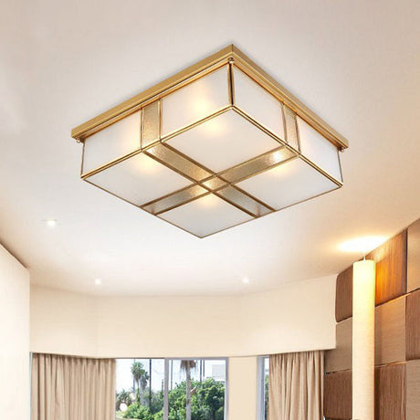 Brass Opal Glass Ceiling Light Fixture - 2-Bulb Cubic Flush Mount Lamp For Bedroom