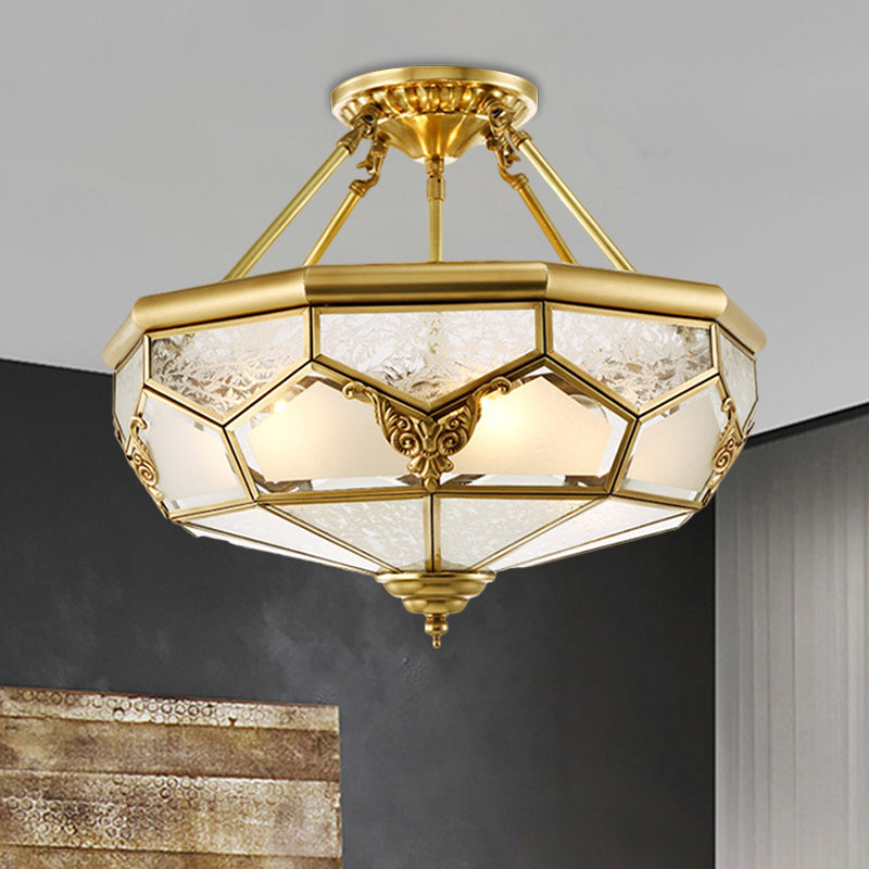 Opaline Glass Brass Semi Flush Mount Ceiling Lamp 3/4 Lights Faceted Dome Country Print 14’/18’