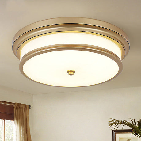 14/16 Vintage Cream Glass Drum-Like Corridor Ceiling Fixture Led Flush Mount Lighting In Black/Gold