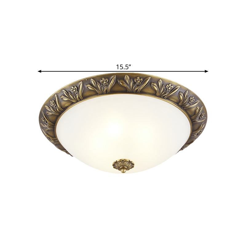 Frosted Glass Dome Flush Ceiling Lamp With Flower Edge Design In Brass/Black And Gold - Available