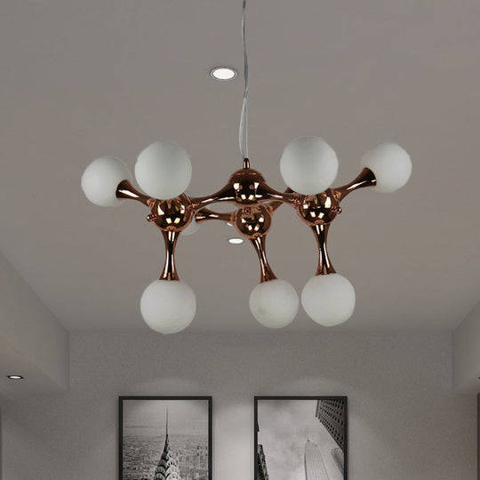 Contemporary Metal Chandelier With 9/15 Lights: Starburst Style Rose Gold Finish White Glass Bubble