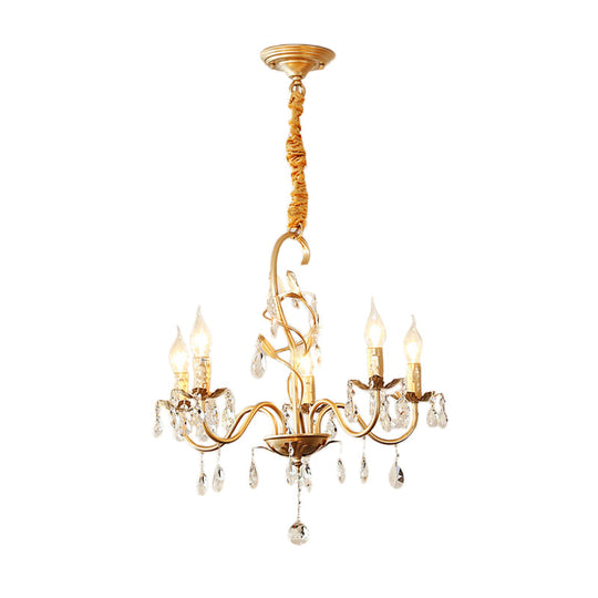 Modern Gold Finish 5/8-Light Metallic Chandelier Lamp With Crystal Deco And Curved Arm