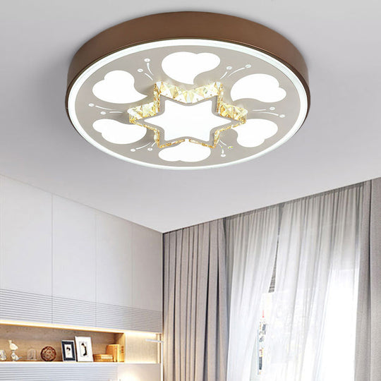 Modern Brown/White Circle Flush Ceiling Light With Led Acrylic & Crystal In White - 3 Color