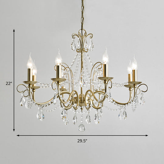 Vintage Bare Bulb Chandelier Pendant Light - Metallic Finish Clear Crystal Gold 3/6 Heads