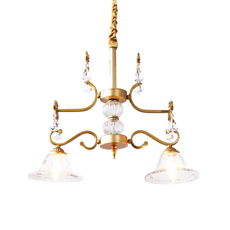 Clear Crystal Chandelier Light Fixture - Modern Bell Shade Hanging Lamp In Gold 2 Bulbs For Dining
