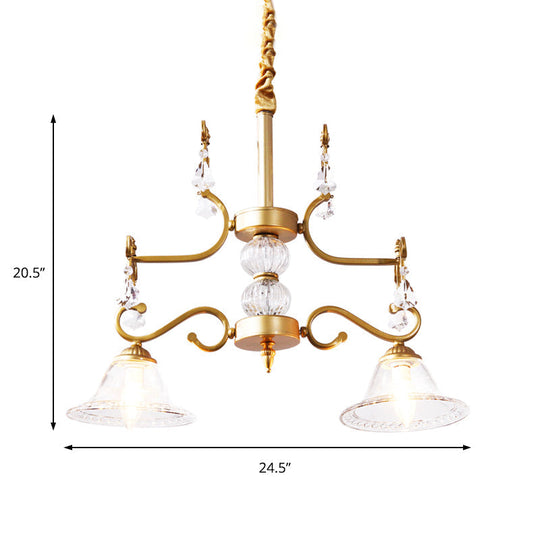 Clear Crystal Chandelier Light Fixture - Modern Bell Shade Hanging Lamp In Gold 2 Bulbs For Dining