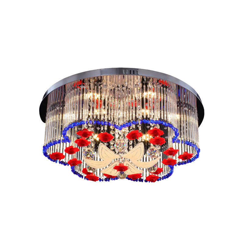 Modern Led Crystal Prism Ceiling Light With Flower Design In Blue And Red 19.5’/23.5’ Width