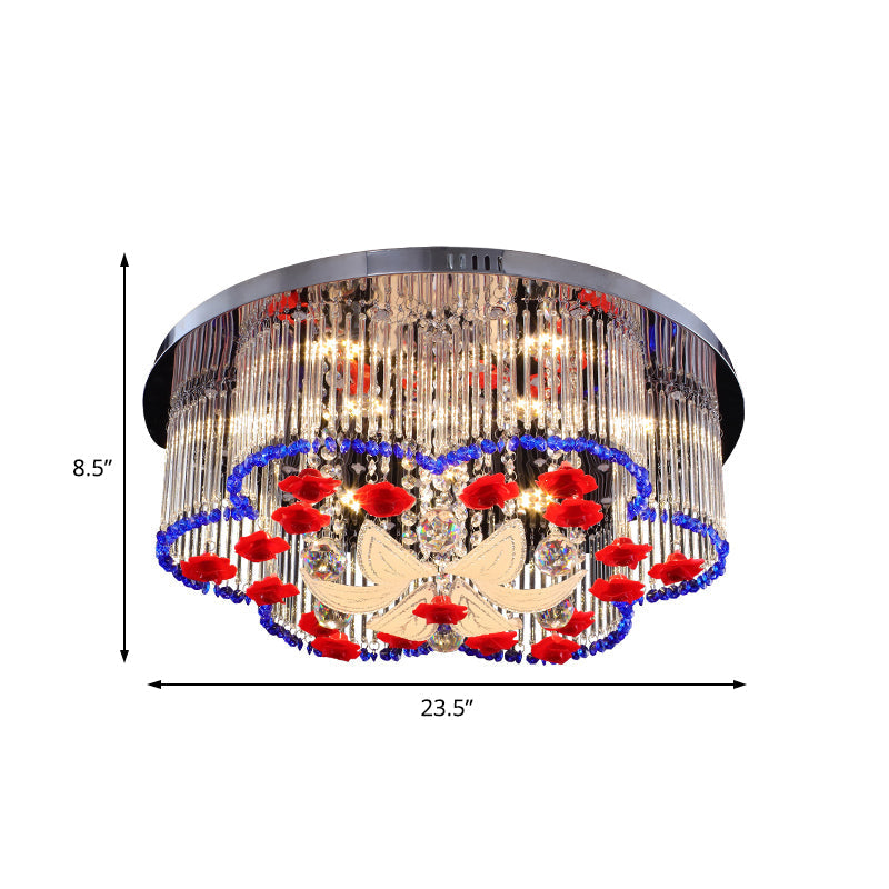 Modern Led Crystal Prism Ceiling Light With Flower Design In Blue And Red 19.5’/23.5’ Width