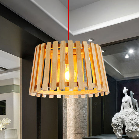 Contemporary Wood Slatted Drum Pendant Light In Beige - Perfect For Bedroom