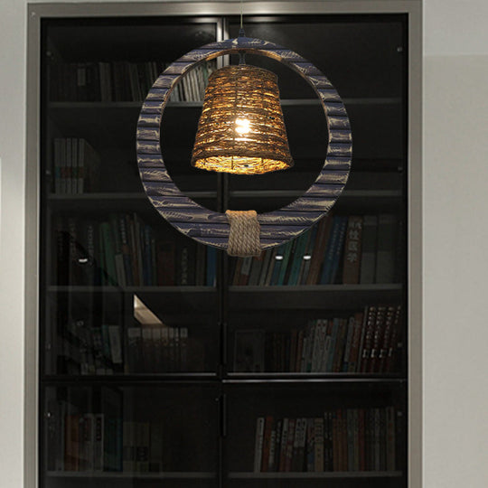 Modern Brown Rattan Hanging Pendant Light With Wooden Ring - 1 Head