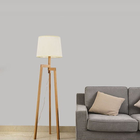 Modernistic White Reading Floor Lamp With Wooden Tripod - Elegant Fabric Standing Light