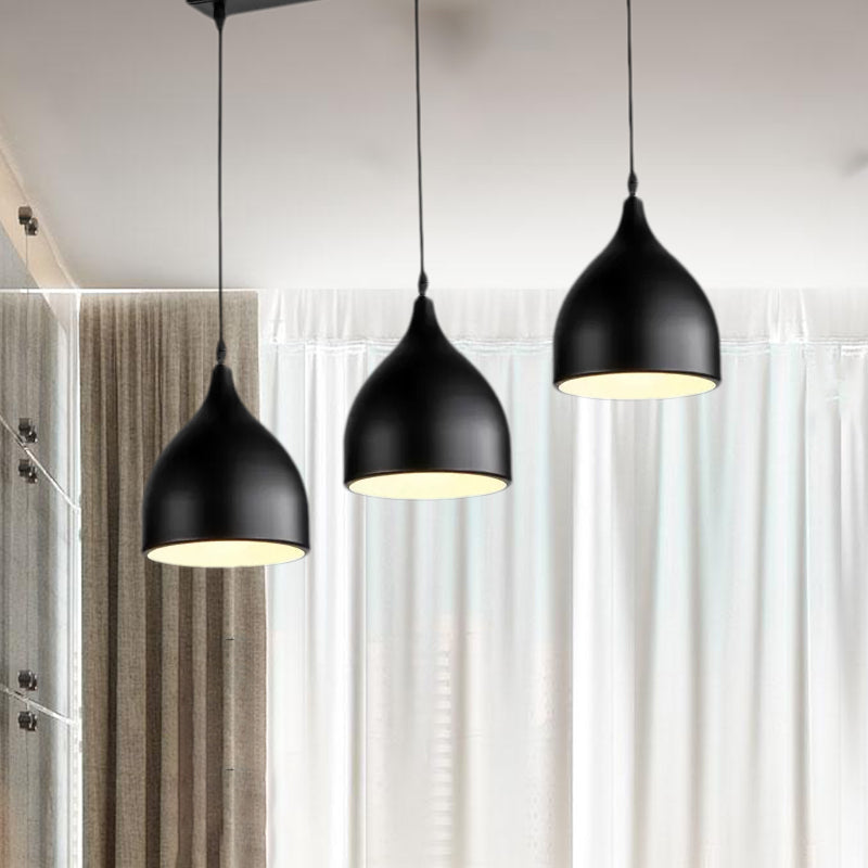 Modern 3-Light Bell Pendant In Black/White Metal With Round/Linear Canopy