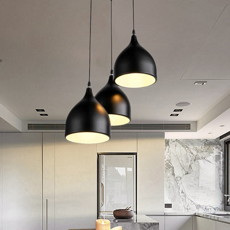 Modern 3-Light Bell Pendant In Black/White Metal With Round/Linear Canopy