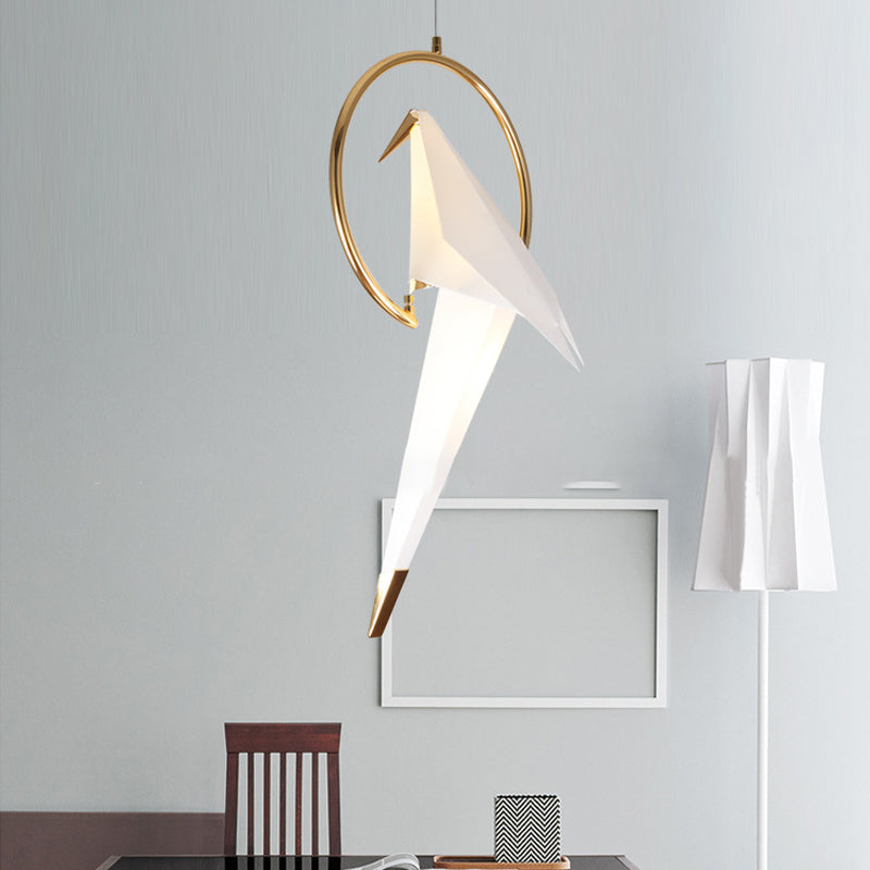 Contemporary White Birdie Led Pendant Light With Metal Ring In Warm/White