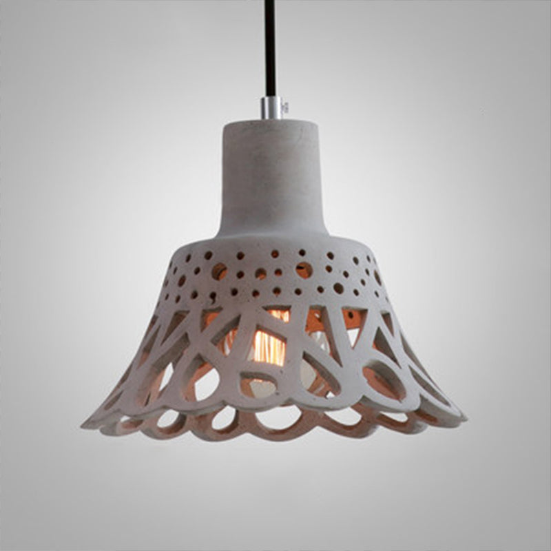 Nordic Style Etched Pendant Lighting: Concrete 1-Light Grey/White/Yellow With Geometric/Bell/Flared