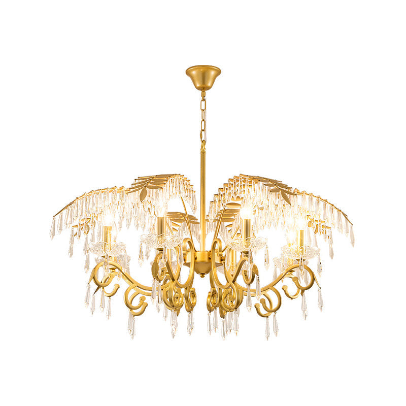 Vintage Style Branch Chandelier With Metal & Crystal Lights Leaf Design In Gold