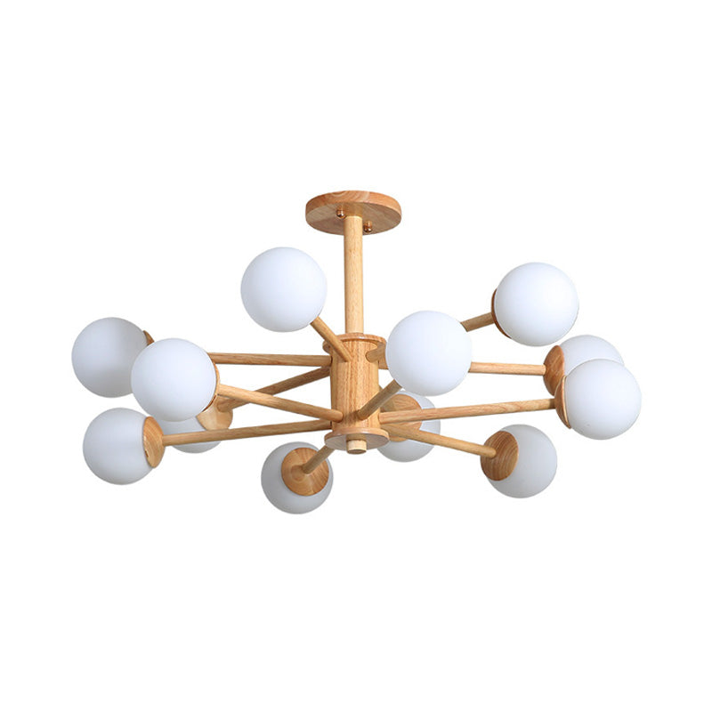 Contemporary Wooden Starburst Chandelier With Glass Ball Shade - Natural Wood Finish 6/8/12 Lights