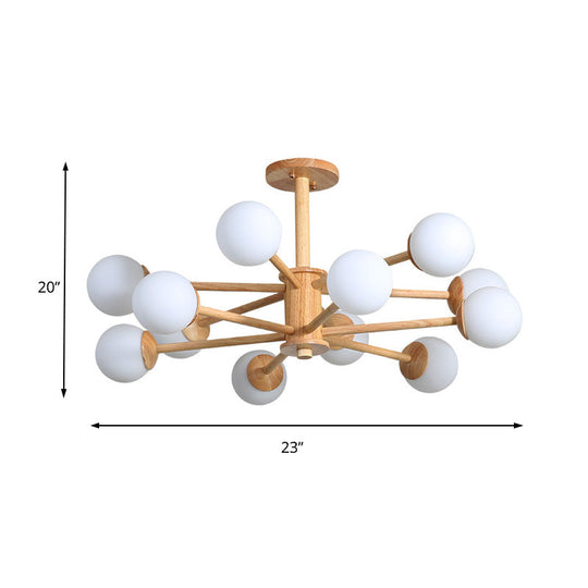 Contemporary Wooden Starburst Chandelier With Glass Ball Shade - Natural Wood Finish 6/8/12 Lights