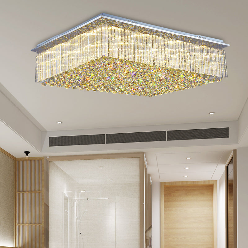 Modern Crystal Led Ceiling Mount Light For Bedroom - 31.5’/37.5’ Wide Rectangular Design In Clear