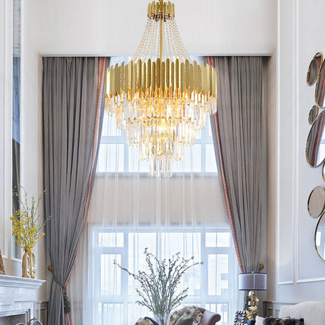 Vintage Style Round Chandelier Light With K9 Crystal For Stairway - Multi-Tier Gold