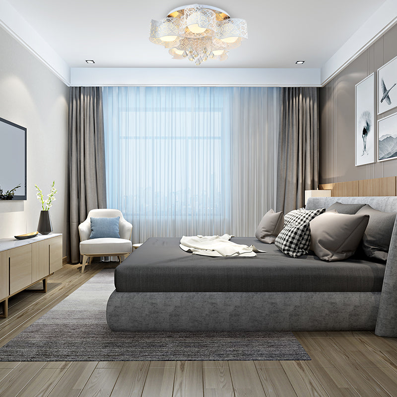 Modernist Crystal Ceiling Lamp With Etched Flower Design 3/5 Lights Opal Glass Ball Shade