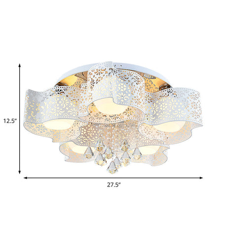 Modernist Crystal Ceiling Lamp With Etched Flower Design 3/5 Lights Opal Glass Ball Shade