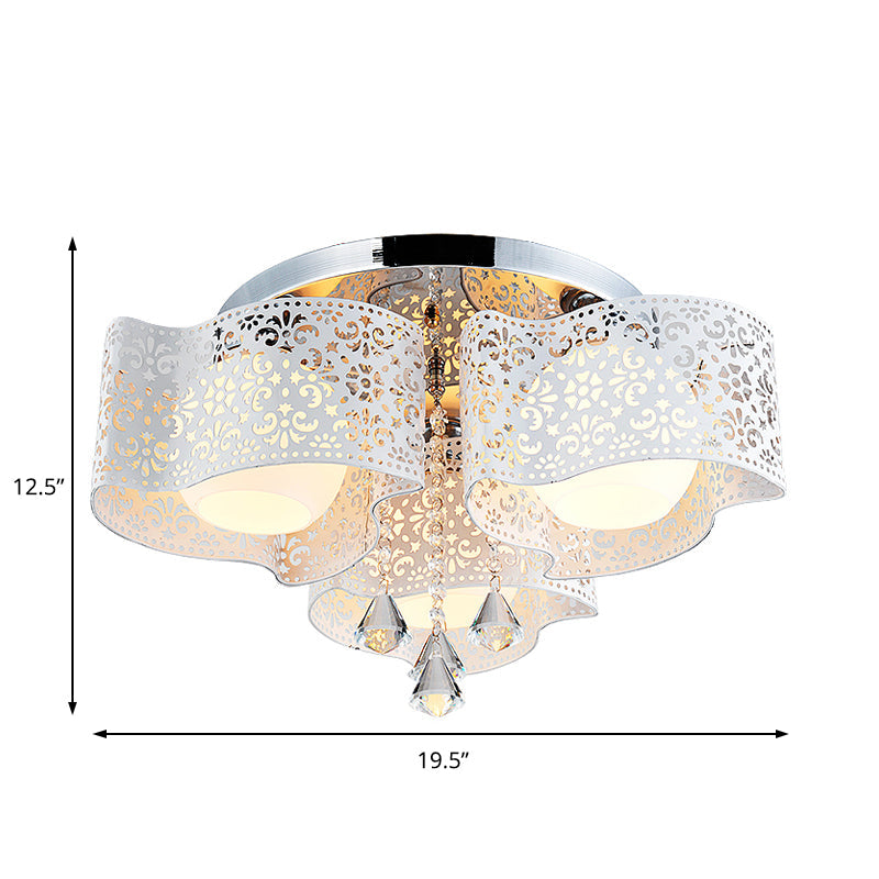 Modernist Crystal Ceiling Lamp With Etched Flower Design 3/5 Lights Opal Glass Ball Shade