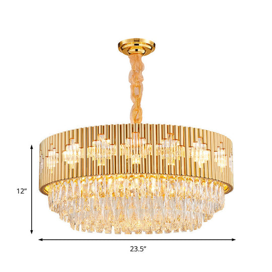 Vintage Circular Chandelier Pendant Light With Crystal Prism - Gold Metal