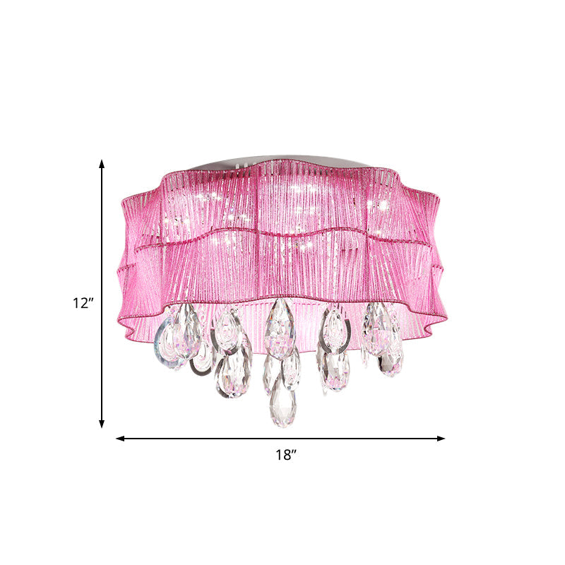 Blue/Pink Flower Flush Ceiling Lamp - Led Contemporary Fabric With Crystal Accents Bedroom Lighting