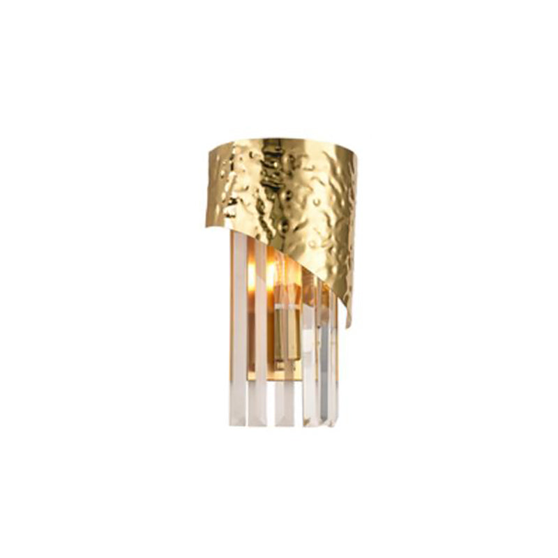 Modern Golden Metallic Wall Sconce With Crystal Block - Stylish Cylinder Light For Living Room