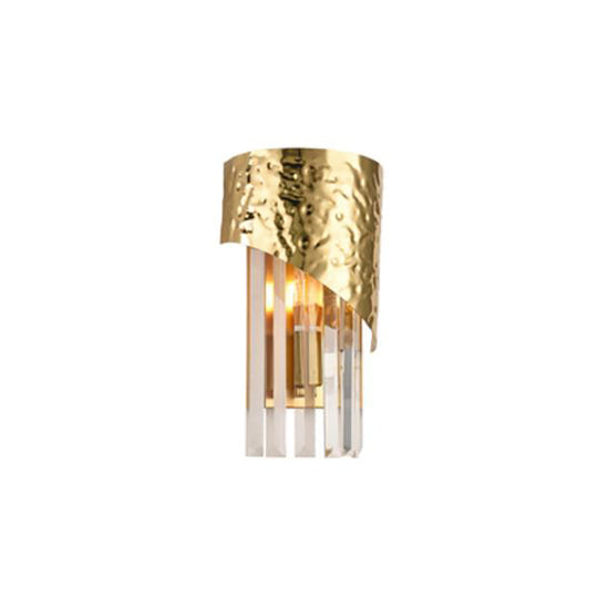 Modern Golden Metallic Wall Sconce With Crystal Block - Stylish Cylinder Light For Living Room