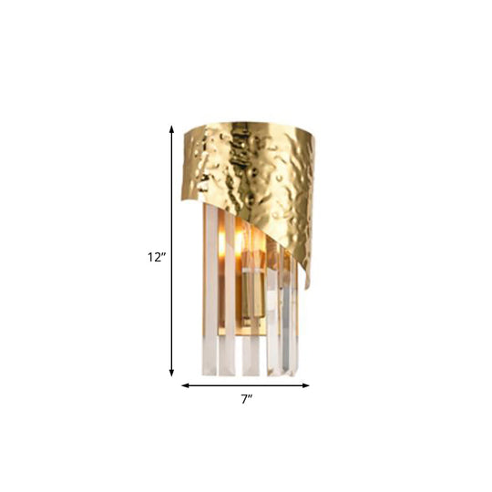 Modern Golden Metallic Wall Sconce With Crystal Block - Stylish Cylinder Light For Living Room