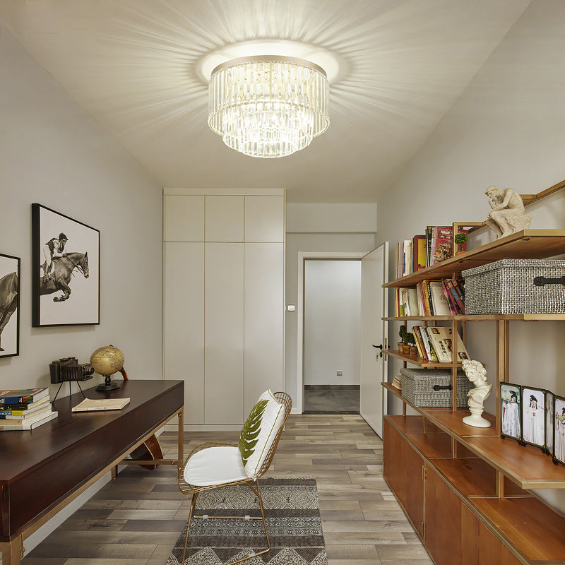 Modernist Drum Ceiling Lamp - Clear Crystal 12’/16’ Width Flush Mount Lighting For Living Room / 16’