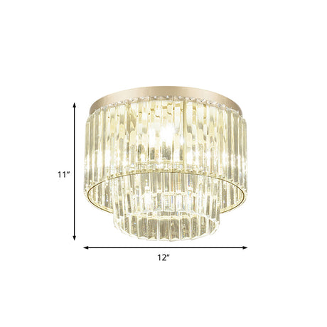 Modernist Drum Ceiling Lamp - Clear Crystal 12/16 Width Flush Mount Lighting For Living Room