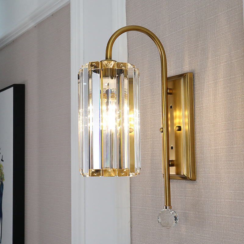 Vintage Gold Metal Gooseneck Wall Light With Clear Crystal Shade - Cylindrical 1/2-Bulb Sconce