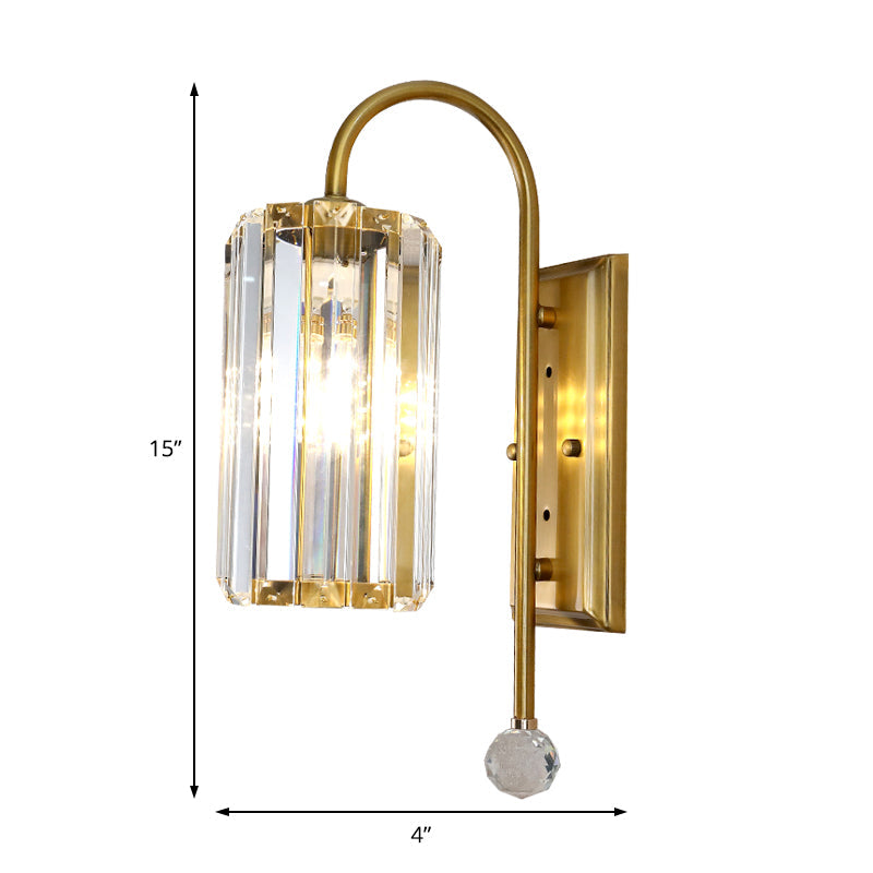 Vintage Gold Metal Gooseneck Wall Light With Clear Crystal Shade - Cylindrical 1/2-Bulb Sconce