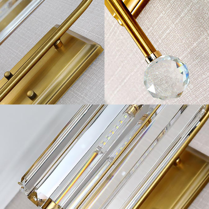 Vintage Gold Metal Gooseneck Wall Light With Clear Crystal Shade - Cylindrical 1/2-Bulb Sconce