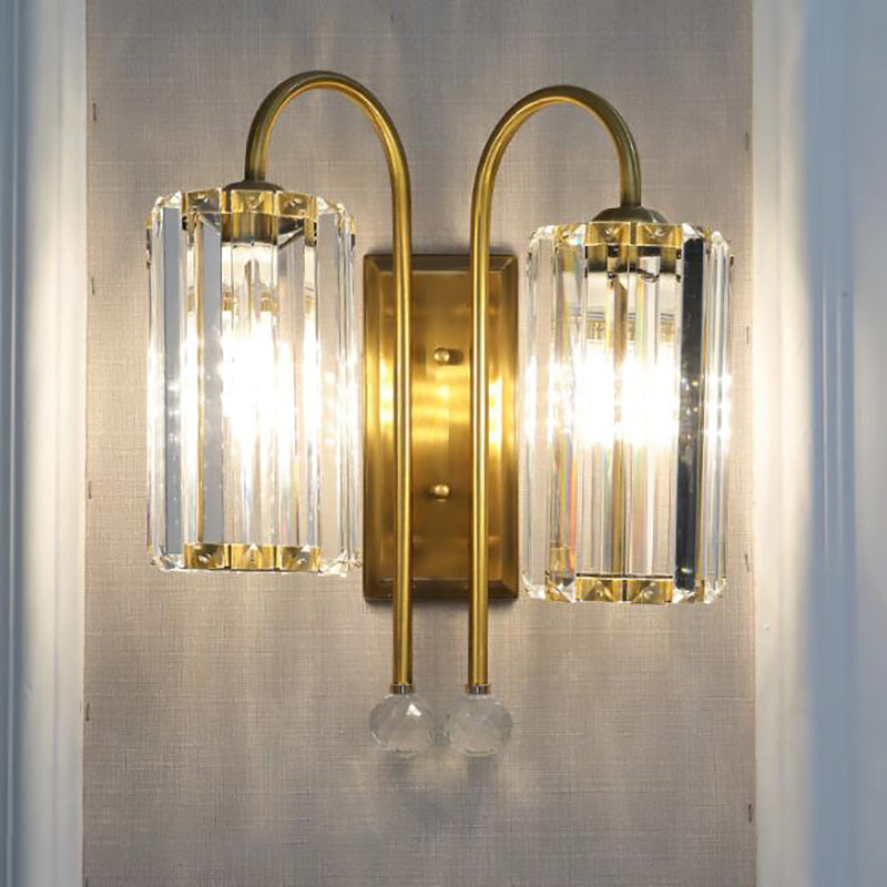Vintage Gold Metal Gooseneck Wall Light With Clear Crystal Shade - Cylindrical 1/2-Bulb Sconce 2 /