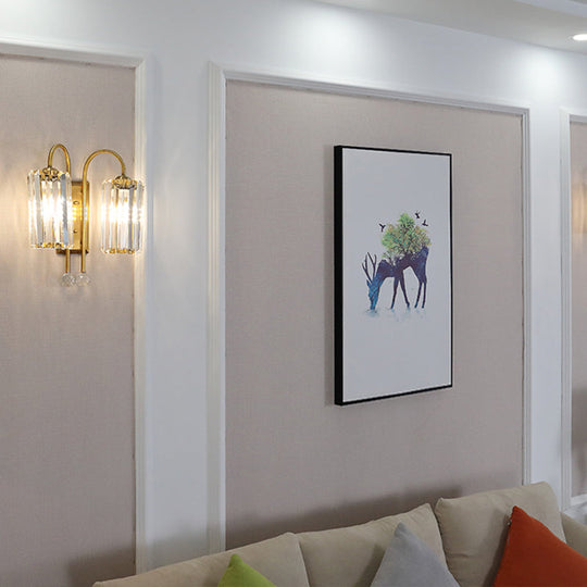 Vintage Gold Metal Gooseneck Wall Light With Clear Crystal Shade - Cylindrical 1/2-Bulb Sconce