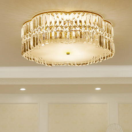 Golden Flower Flush Led Pendant Light With Modern Clear Crystal Design And Acrylic Diffuser -