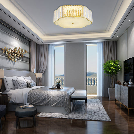 Golden Flower Flush Led Pendant Light With Modern Clear Crystal Design And Acrylic Diffuser -