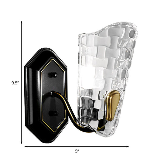 Black Modernist Wall Sconce With Curved Metal Arm And Clear Crystal Panel